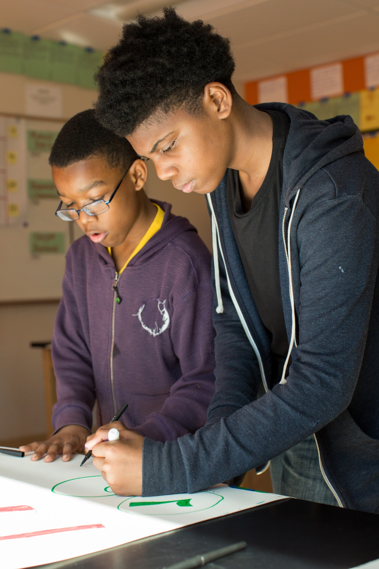 An older student leans in to help a younger one, marker in hand, as the two work on a large sheet of paper marked with green circles and an arrow. A classroom wall of coloured notices stands behind them.