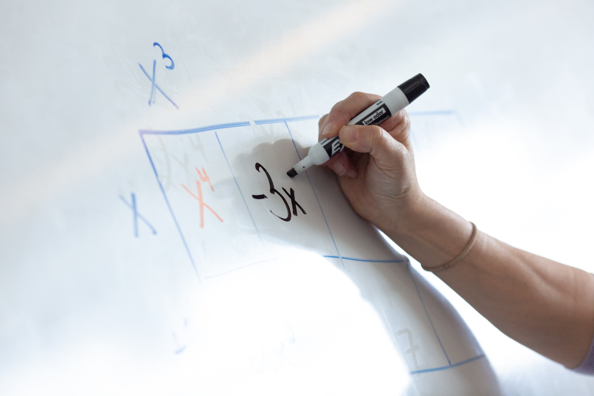 A teacher writing algebra on a whiteboard in marker — x cubed, x to the fourth, and minus three x — mid-working.