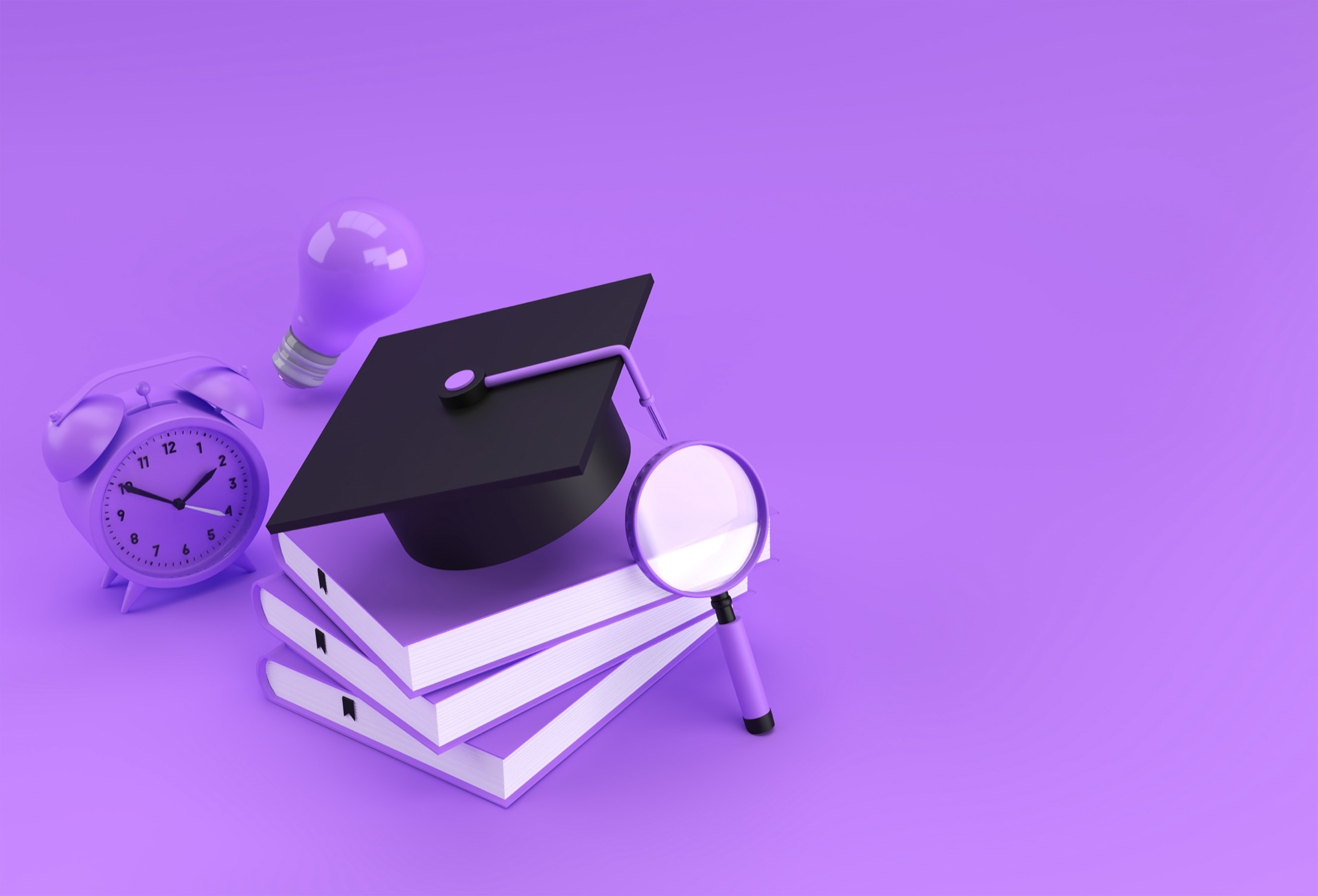 A three-dimensional illustration on a violet background: a black graduation cap resting on a stack of three books, with a magnifying glass, a light bulb and an alarm clock arranged around it.
